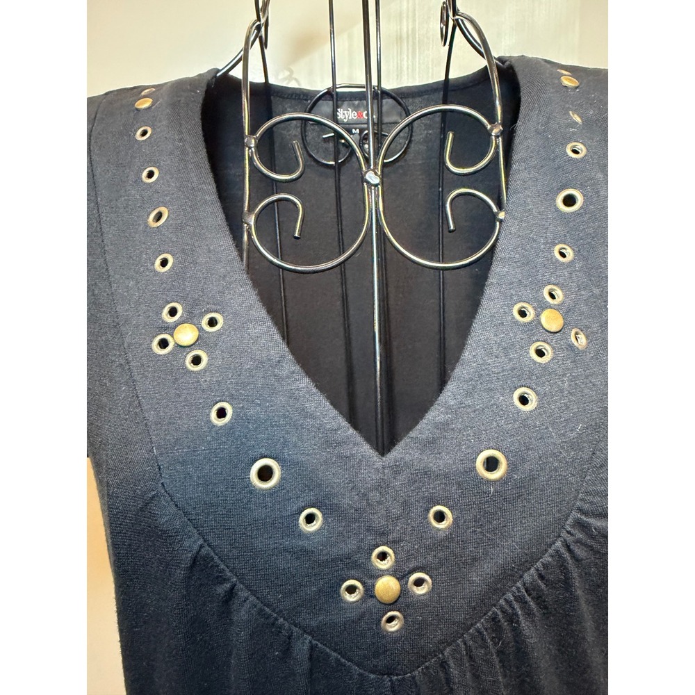Style & Co Black Grommet V-Neck Short Sleeve T-Shirt Dress Womens Med Brass Stud - Picture 2 of 5